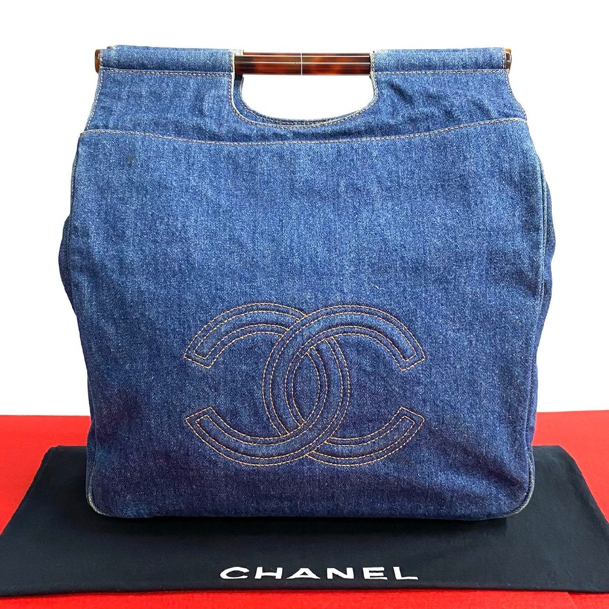 極 美品 カード シール有 4番台 CHANEL シャネル ココマーク デニム プラスチック ハンドバッグ ミニ トートバッグ ブルー i99-3拍卖