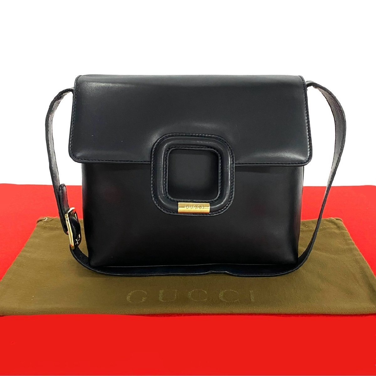 極 美品 GUCCI グッチ オールドグッチ ヴィンテージ ロゴ 金具 レザー 本革 セミ ワン ショルダーバッグ ポシェット ネイビー 73280拍卖