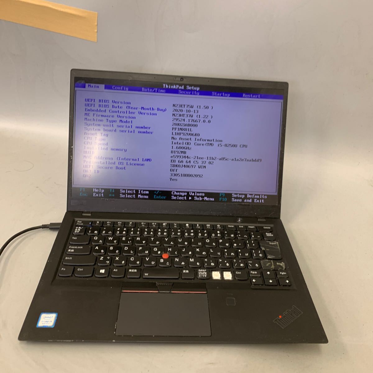 JK6562 Lenovo Thinkpad X1 Carbon /Core i5-8250U 1.60Ghz /メモリー:8GB/SSD:無し/BIOS確認だけ/キー欠、キー破損拍卖