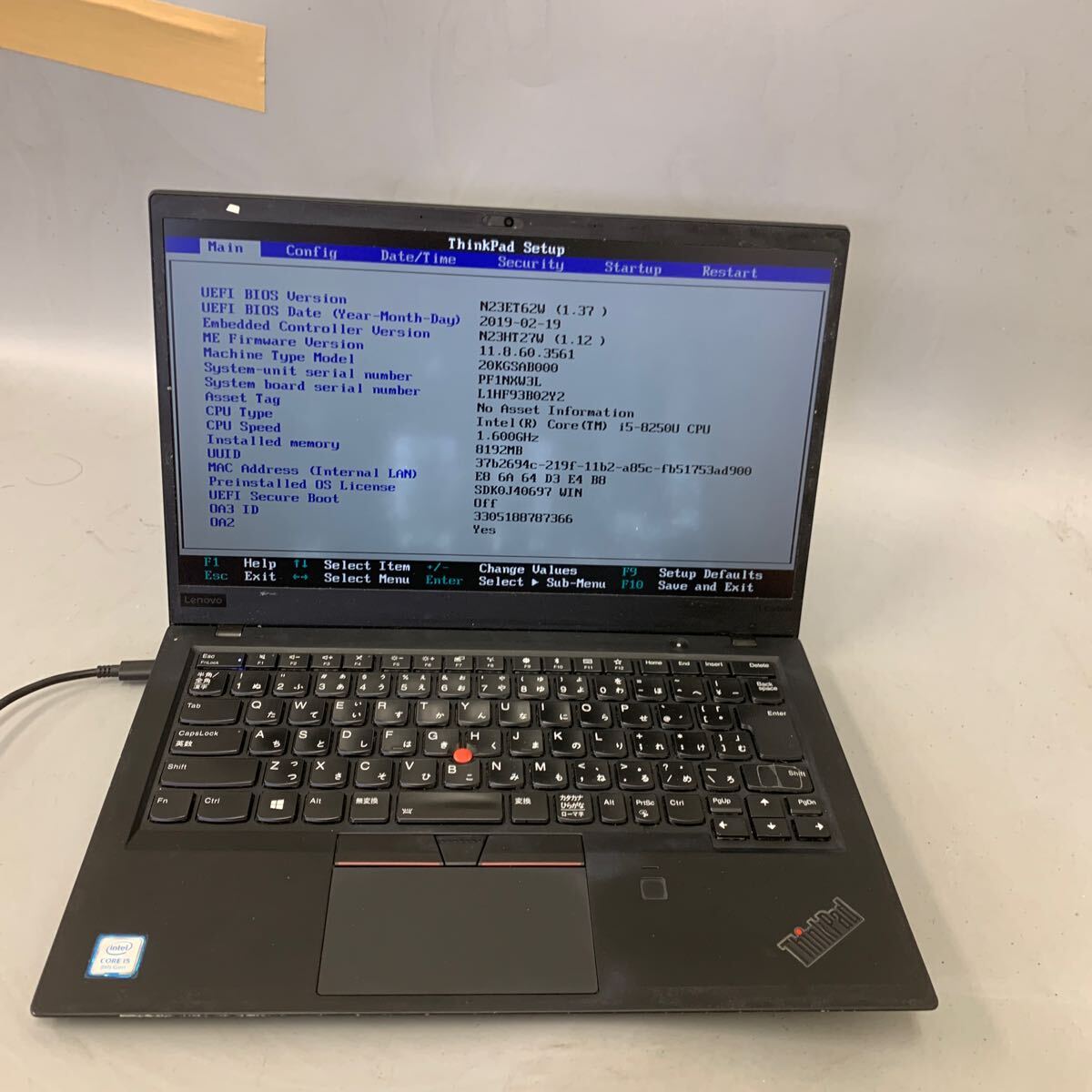 JK6563 Lenovo Thinkpad X1 Carbon /Core i5-8250U 1.60Ghz /メモリー:8GB/SSD:無し/BIOS確認だけ/キー欠、画面ホワイトスポート拍卖
