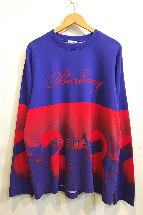 二子玉) BURBERRY バーバリー 未使用 スワンプリント ロングスリーブ Tシャツ SWAN ブルー×レッド メンズ L 国内正規拍卖