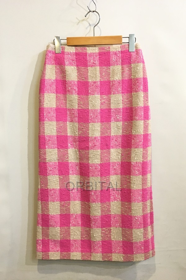 二子玉)DRAWER ドゥロワー 23SS ブロックチェックスカート ピンク シルク ネップ スリット タイトスカート レディース 36拍卖