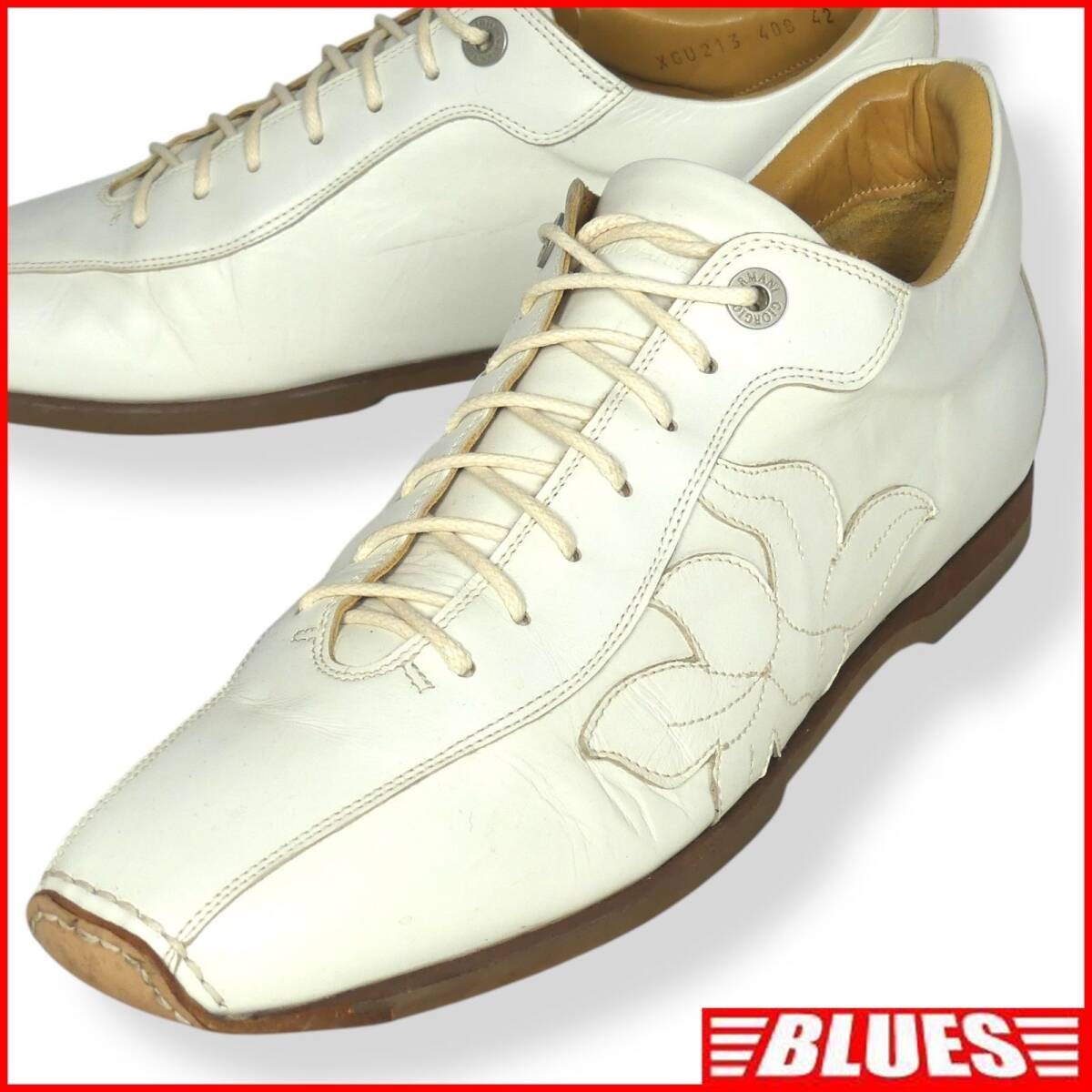 即決★GIORGIO ARMANI★27cm レザーレースアップシューズ ジョルジオアルマーニ メンズ 42 白 本革 本皮 革靴 スニーカー拍卖