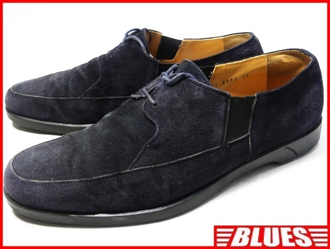 即決★イタリア製 CRESCENT★26cm レザーサイドゴアシューズ クレセント 紺 ネイビー 本革 ビジネス 本皮 ドレスシューズ 革靴 スエード拍卖