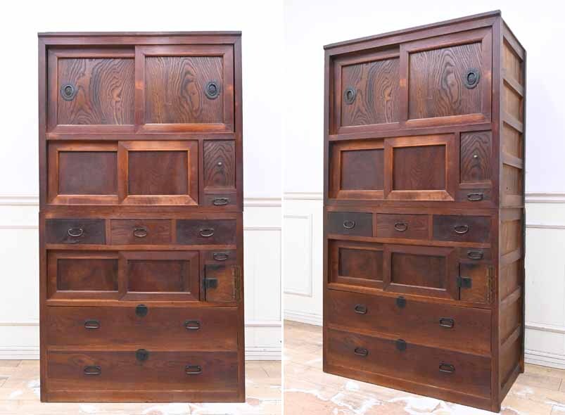 QA08 昭和レトロ 欅 けやき 無垢 時代箪笥 帳場箪笥 民芸家具 食器棚 水屋 茶棚 店舗什器 側面框組 中古拍卖