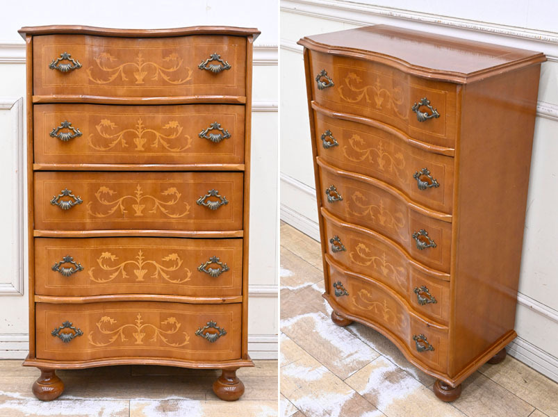 GA14 アンティーク調 上級品 イタリア製 ロココ調 クラシック 本象嵌 チェスト 整理タンス 前面曲線仕上げ拍卖