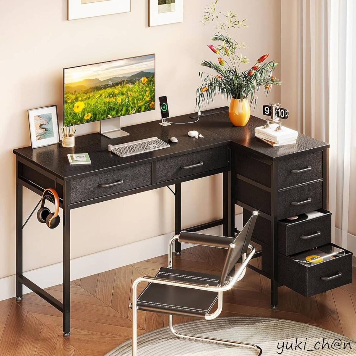 L字デスク PCデスク ゲーミングデスク ワークデスク 学習机 幅106cm ブラック 黒 北欧風 右棚左棚 多層収納 在宅勤務拍卖