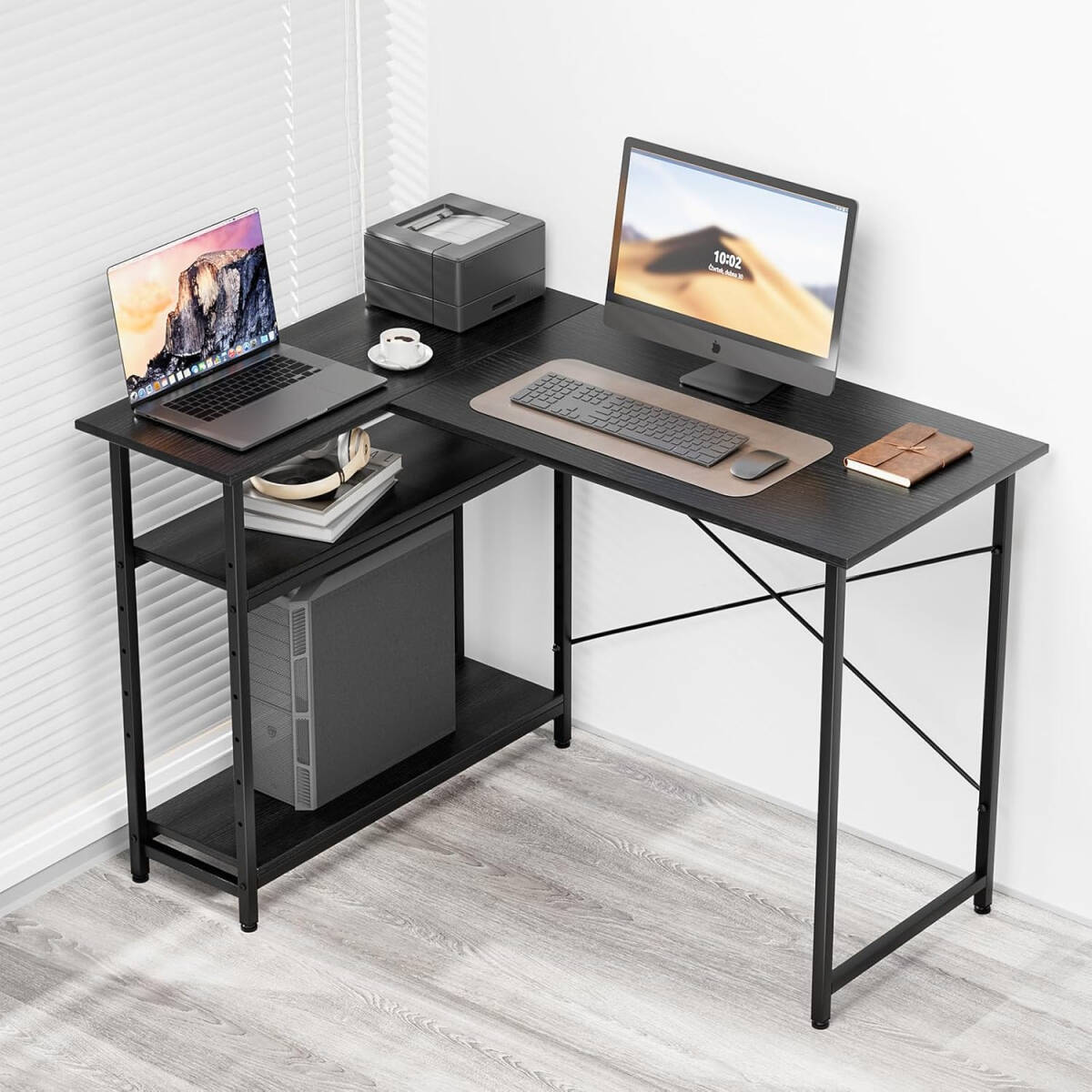 L字デスク ブラック 110×75cm 左右入替え パソコンデスク PCデスク コーナーデスク 棚板高さ調節可能 机 在宅勤務 ブラック 黒色拍卖