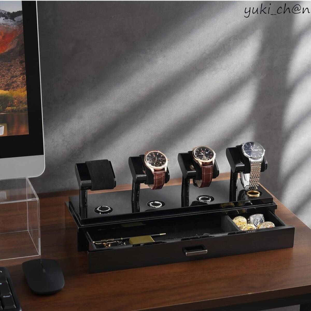 腕時計スタンドケース 高級な時計収納 メンズウオッチスタンド ディスプレイ ブラック 木製 4本用 2段 アクリル蓋 引出し付拍卖