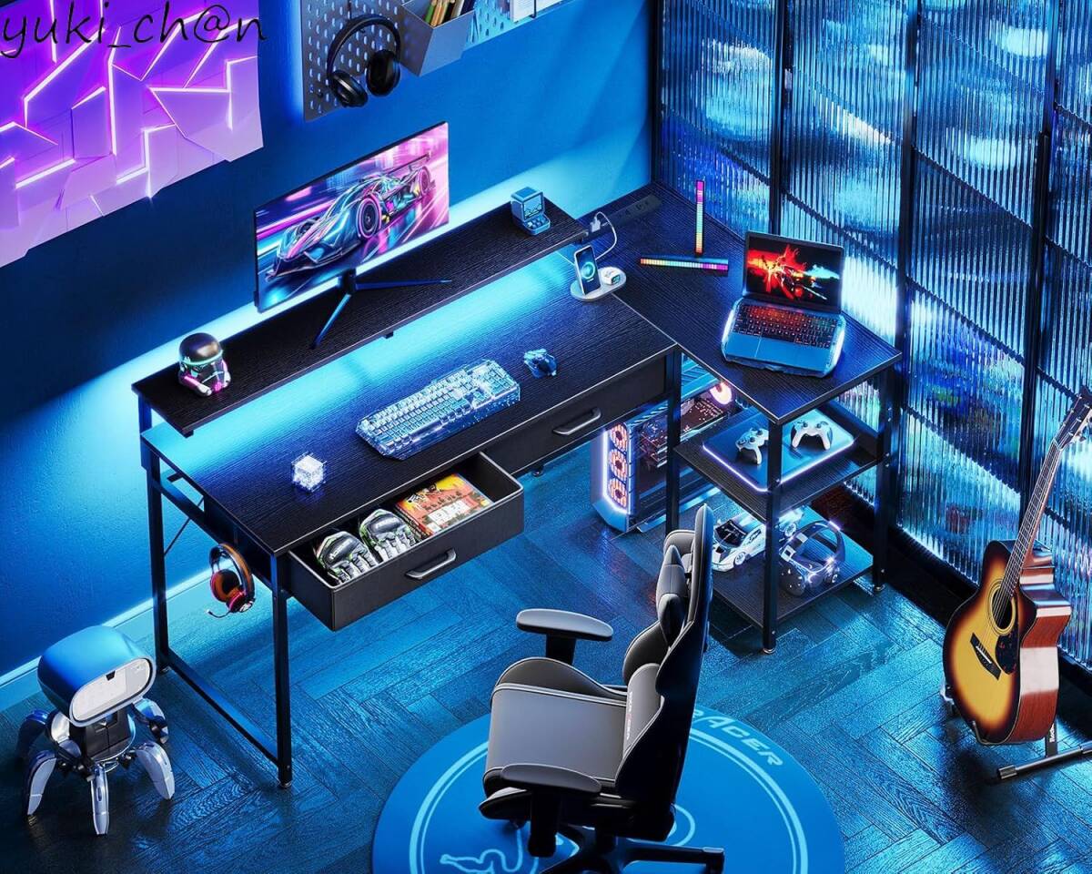 L字デスク ゲーミングデスク 120cm幅 RGBライト付き 棚高さ調節可能 右棚左棚 作業&ゲームに最適 ブラック拍卖