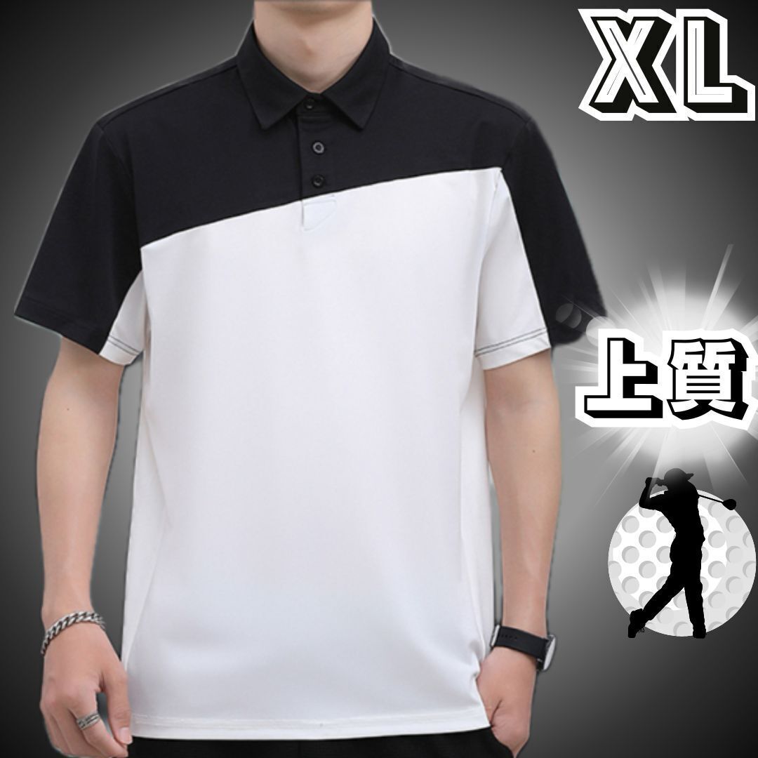 ゴルフウェア ポロシャツ メンズ 春夏 春 夏 半袖 接触冷感 放熱機能 シンプル★大きいサイズ XL★ホワイト 白 ブラック 黒 スポーツウェア拍卖