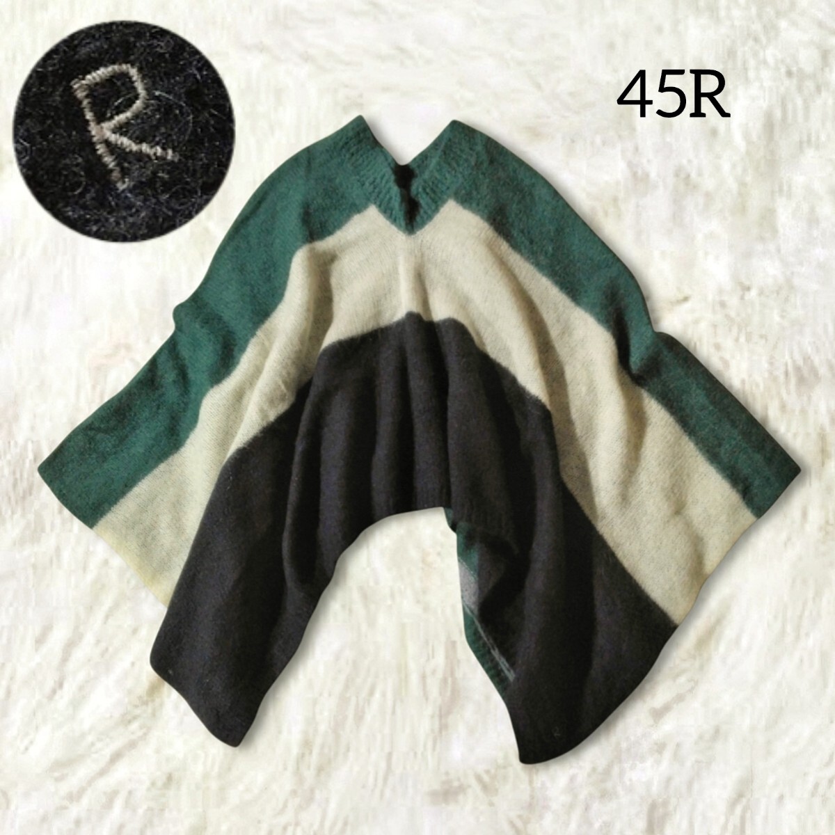 47 【45R】 45rpm バスクボーダー ニット ポンチョ カーディガン トップス 緑 グリーン ネイビー マルチカラー 起毛 ゆったり R刺繍 拍卖