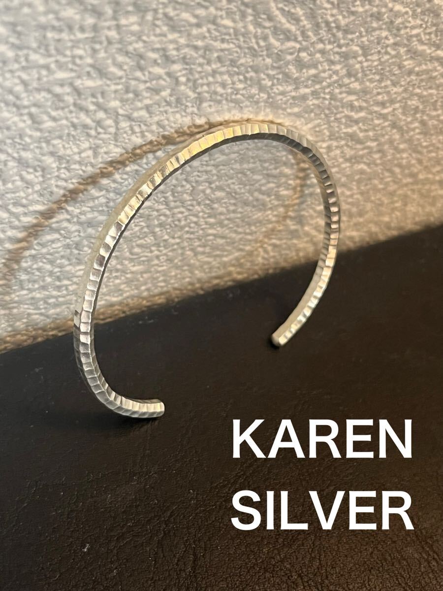 ハンドメイドハンマー叩き打ち槌目バングル高純度銀カレン族手作りシルバー980 R73b153拍卖