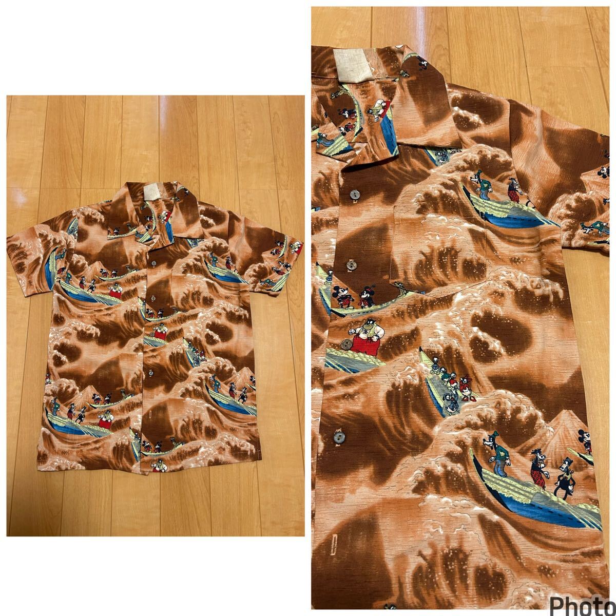 良品☆Disney/MICKEY メンズサイズXS-S並 ちりめん風.半袖アロハシャツ ミッキー&ミニー&ドナルド.グーフィー他仲間たち&舟.波総柄 /Tee拍卖