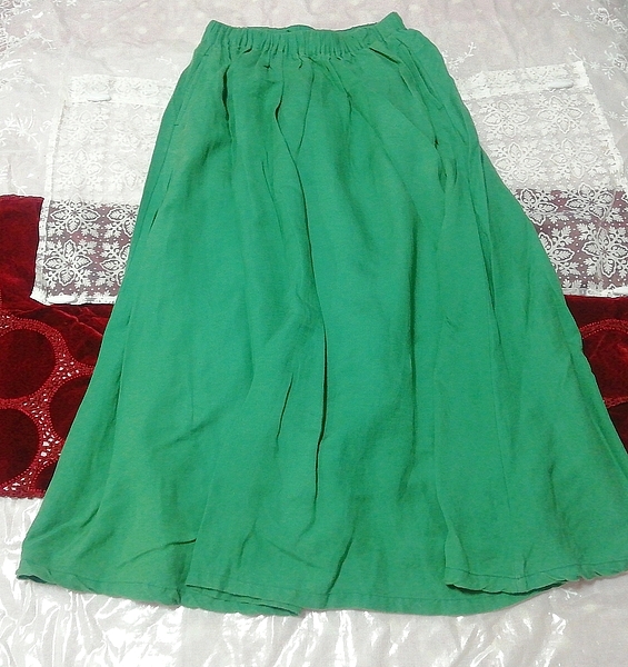 緑麻レーヨンマキシロングスカート Green linen rayon maxi long skirt拍卖
