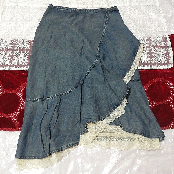 デニム白レースフレアミディアム巻きスカート Denim white lace flare midi wrap skirt拍卖