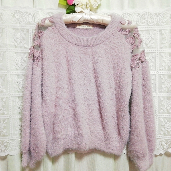 ライトパープル肩花柄レースセーター Light purple shoulder floral lace sweater拍卖