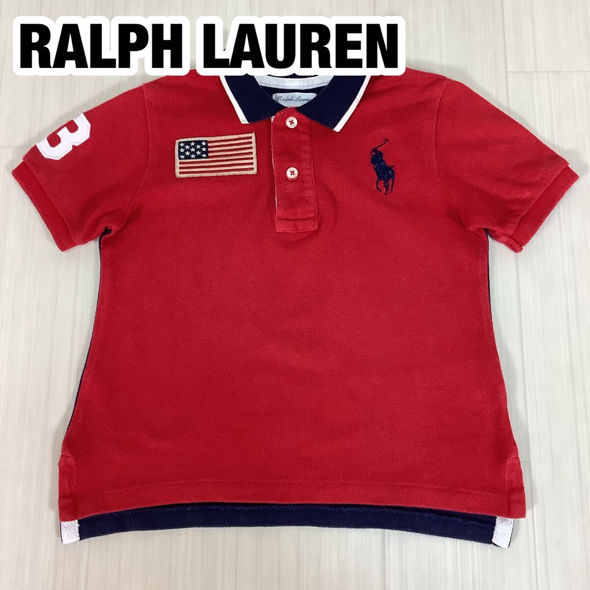 RALPH LAUREN ラルフローレン 半袖ラガーシャツ ポロシャツ キッズサイズ 24M レッド×ネイビー 刺繍 ビックポニー拍卖