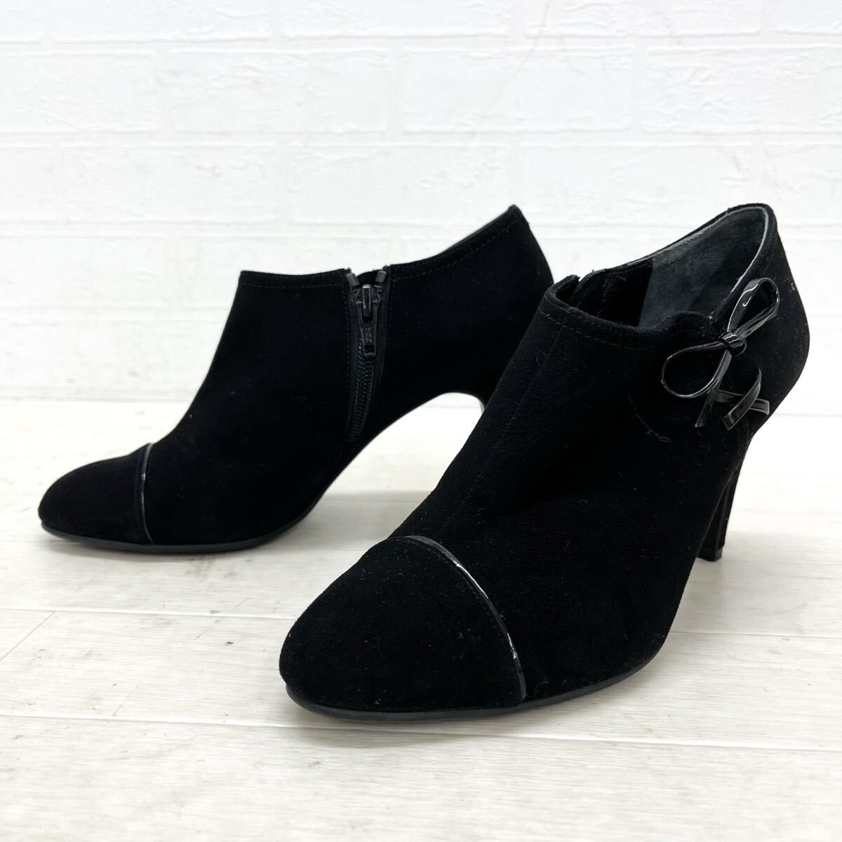 和670★② DIANA ダイアナ ブーティ ショートブーツ ヒール スエードレザー シューズ サイドジップ 日本製 23.5 ブラック レディース拍卖