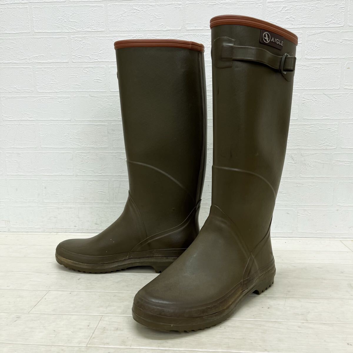 和670★ AIGLE エーグル レインブーツ ロングブーツ 長靴 雨靴 シューズ フランス製 35 カーキ レディース拍卖