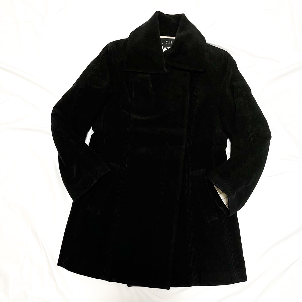 和682★ ATSURO TAYAMA アツロウタヤマ ステンカラーコート セミロングコート 比翼ボタン 日本製 USA6 ブラック レディース拍卖