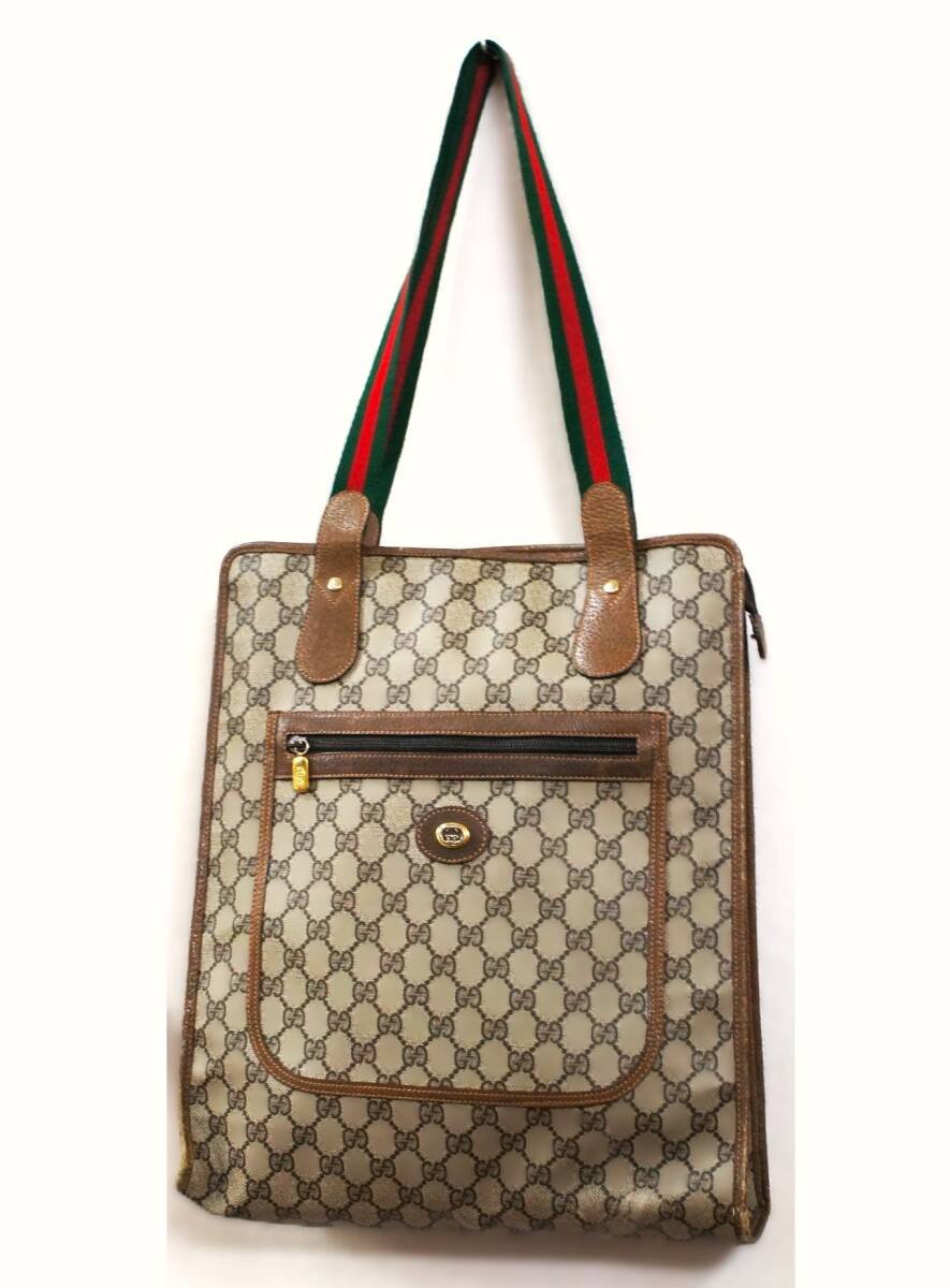 GUCCI オールドグッチ PVC×レザー シェリーライン 縦型 トートバッグ【送料無料】拍卖
