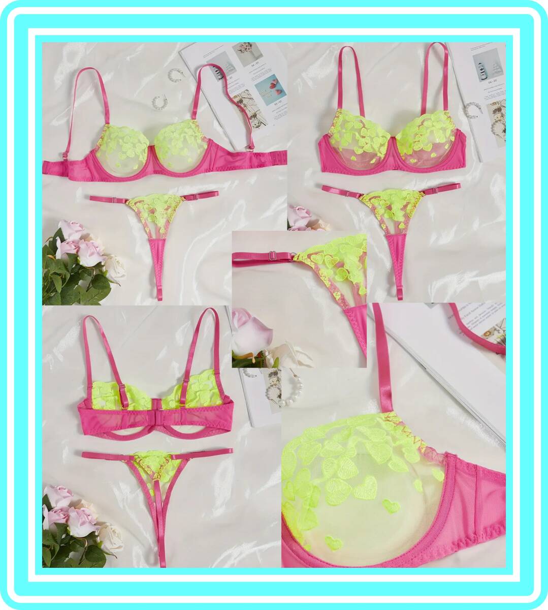 ★超素敵★アンダーワイヤー★ランジェリーセット★シースルー★大人Sexy★ネオンカラー★ピンク&イエローグリーン★MA129拍卖