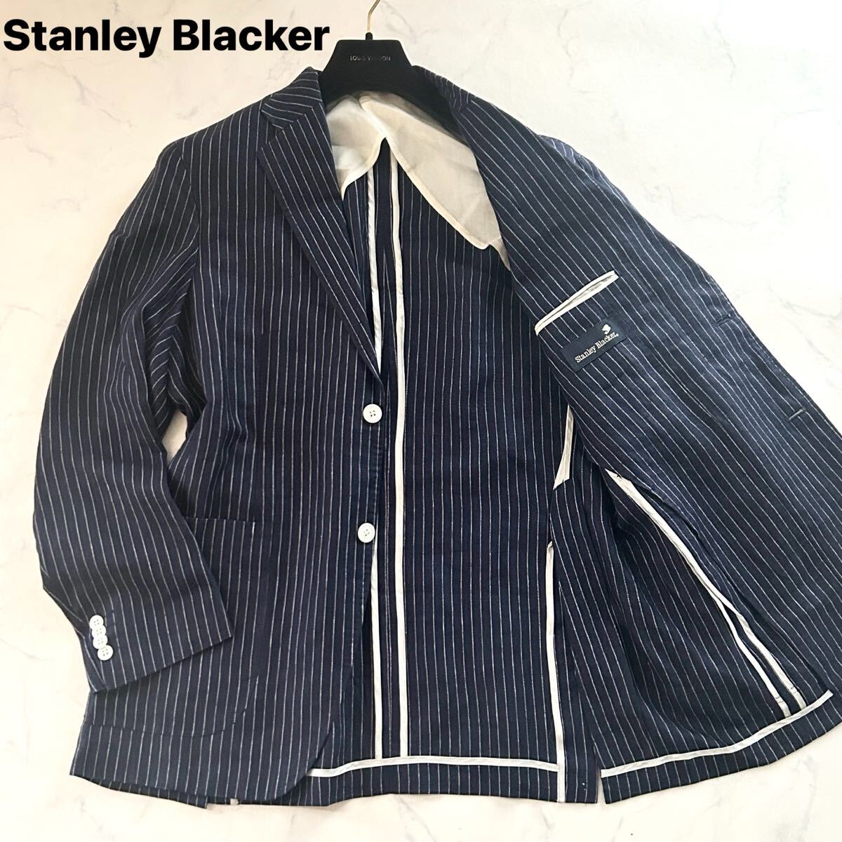 極美品 XLサイズ◎Stanley Blacker スタンリーブラッカー 麻100 アンコン テーラード ジャケット ブレザー メンズ 清涼 リネン 伊生地拍卖