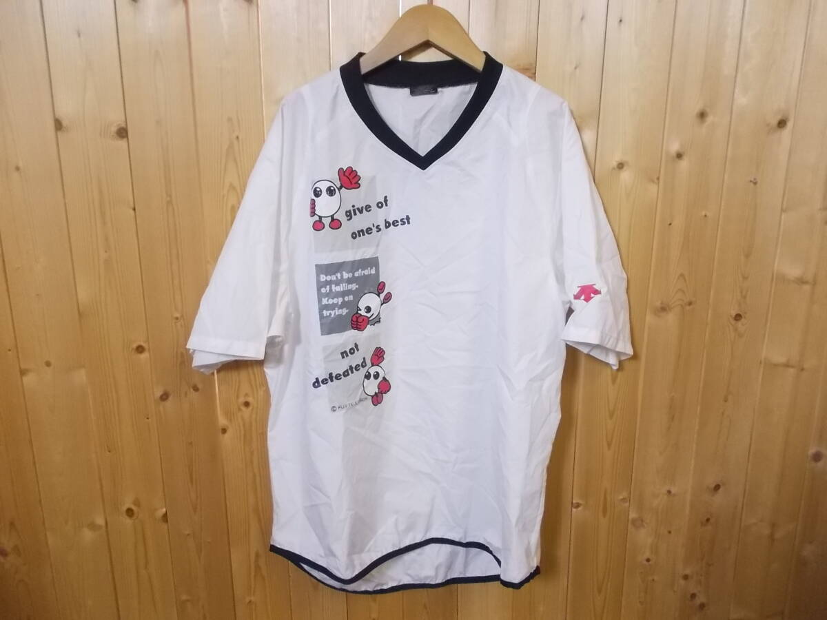 e699◆DESCENTE バボちゃんプリント S/S Vネックプルオーバー◆デサント サイズL ホワイト系 バレーボールウエア ピステ ゆうパケット 7C拍卖