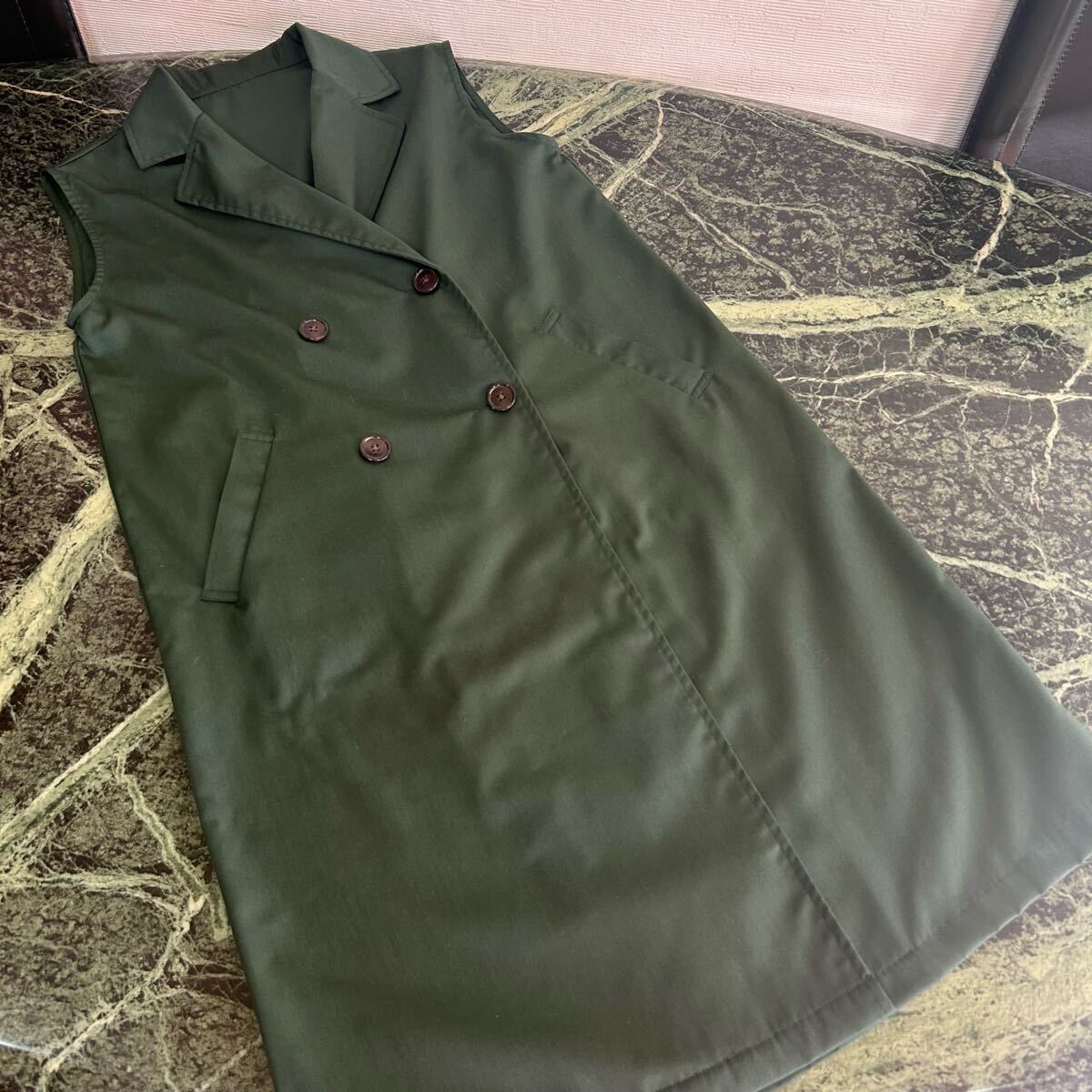 【美品】春物ジレ★ロングベスト Mサイズ ダークグリーン 深緑 レディース拍卖