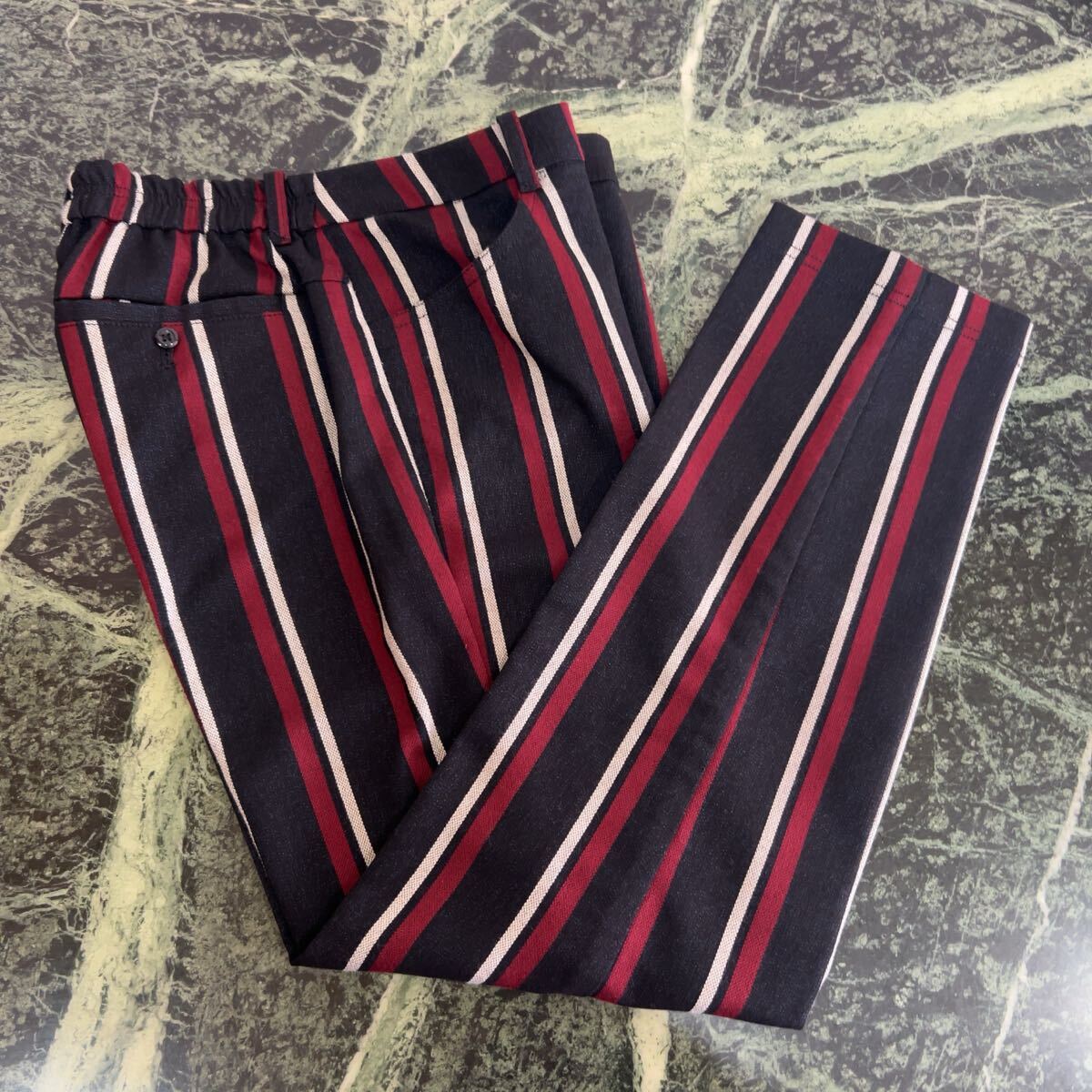 【美品】LADY LUCK LUCA★レディラックルカ テーパードパンツ 36サイズ Sサイズ ストライプ ネイビー 赤 クロップド拍卖