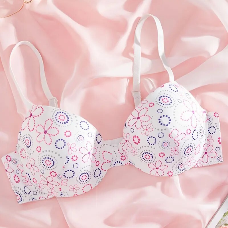 【新品】B85 ワイヤー入り モールドカップブラジャー★210r.パステル ドットフラワープリント ホワイト白 ピンク/ブルー拍卖