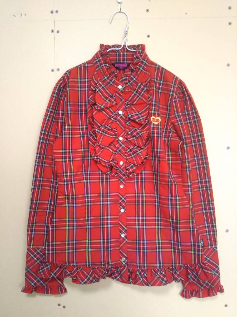 ★子供服★EARTHMAGIC アースマジック 長袖シャツ 150 赤 レッド チェック柄 フリル ブラウス 女の子拍卖