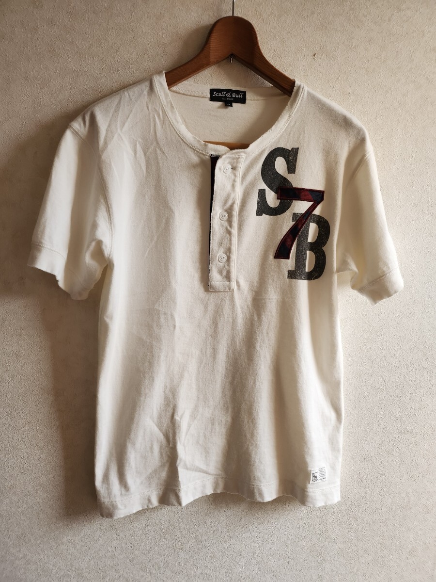 ◆SCULL & BULL◆スカル&ブル J.PRESS ワッペン ヘンリーネック 半袖Tシャツ コットン M USED◆古着・中古品 拍卖
