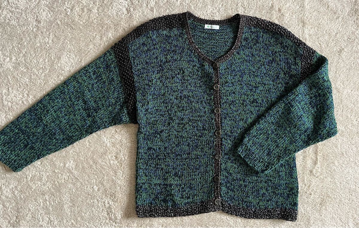 手編み風カーディガン ラメカーディガン グリーン×ブルー杢とこげ茶ラメ 長袖カーディガン 羽織物 ボレロ 長袖カーデ 3シーズンOK拍卖