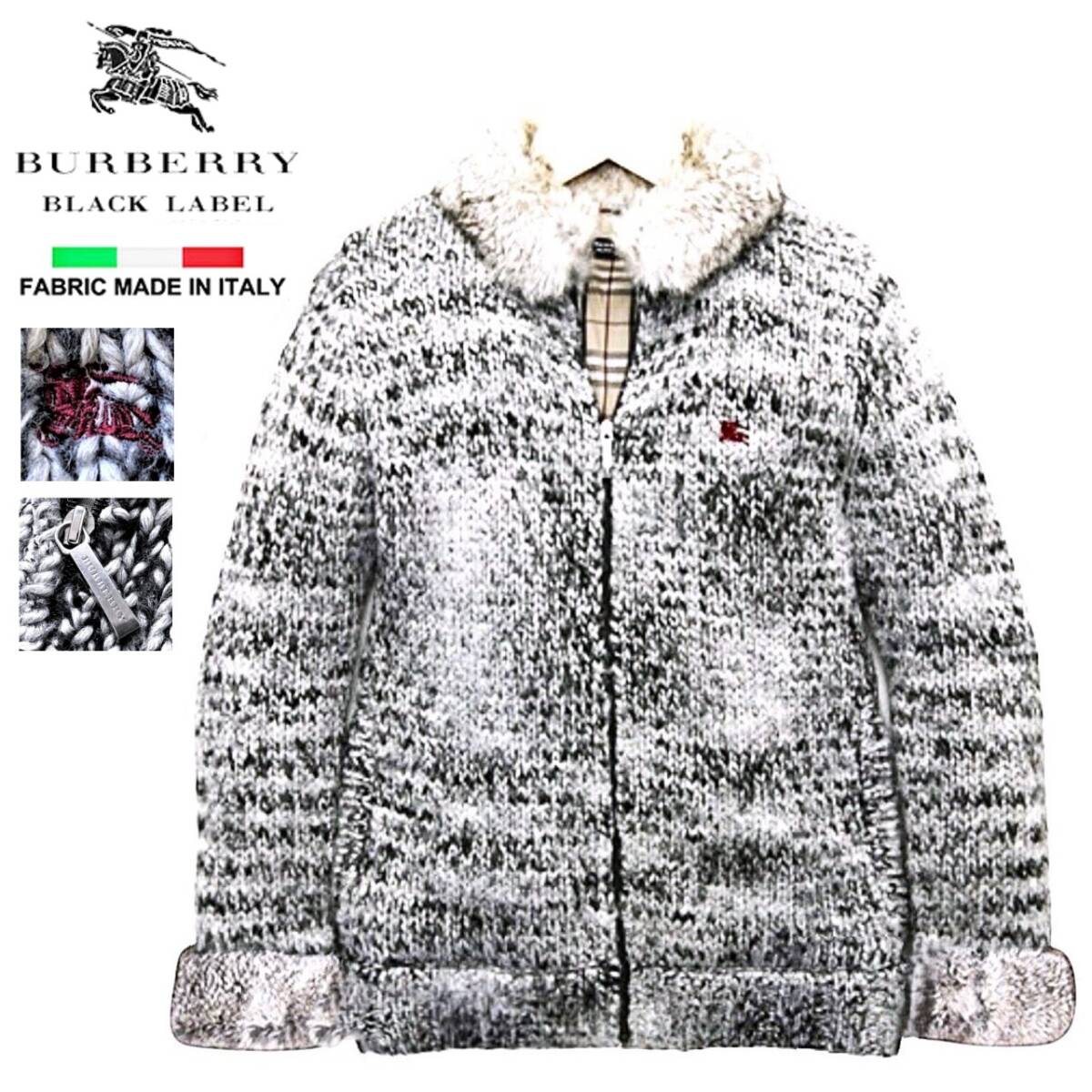 美品 バーバリーブラックレーベル ノバチェック ホース刺繍 ラビットファー 伊製の羊毛 ニットジャケット 2 ブルゾン BURBERRY BLACK LABEL拍卖