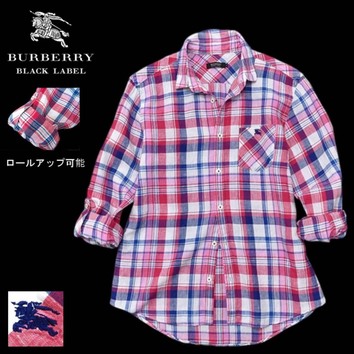 極美品 バーバリーブラックレーベル ホース刺繍 ノバチェック リネン100% 2WAY ロールアップ 7分袖~長袖 シャツ 3/L BURBERRY BLACK LABEL拍卖