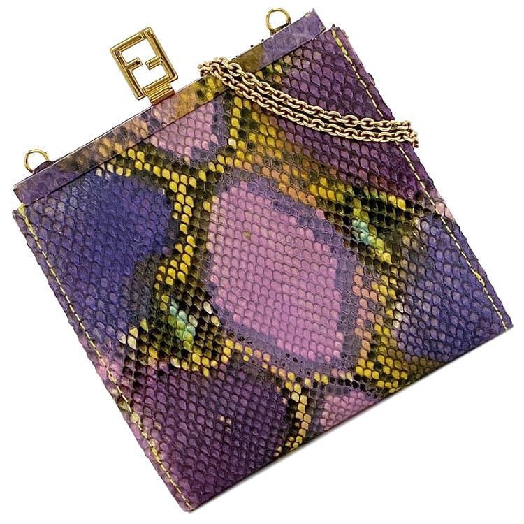 フェンディ チェーン ウォレット パープル ピンク 蛇 ゴールド金具 がま口 財布 美品 パイソン GP 中古 10 1 拍卖