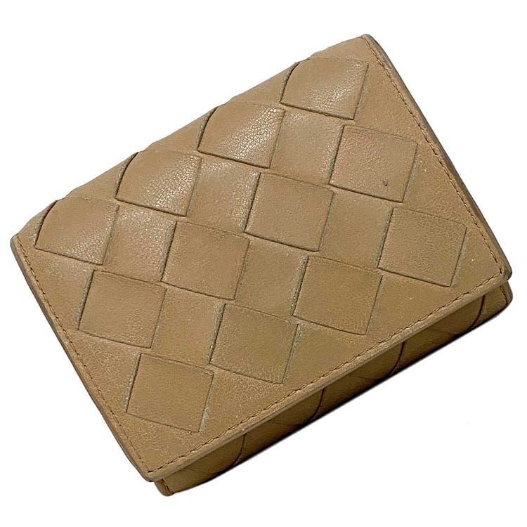 ボッテガ ヴェネタ 三つ折り 財布 ベージュ イントレチャート コンパクト レザー 中古 BOTTEGA VENETA 拍卖