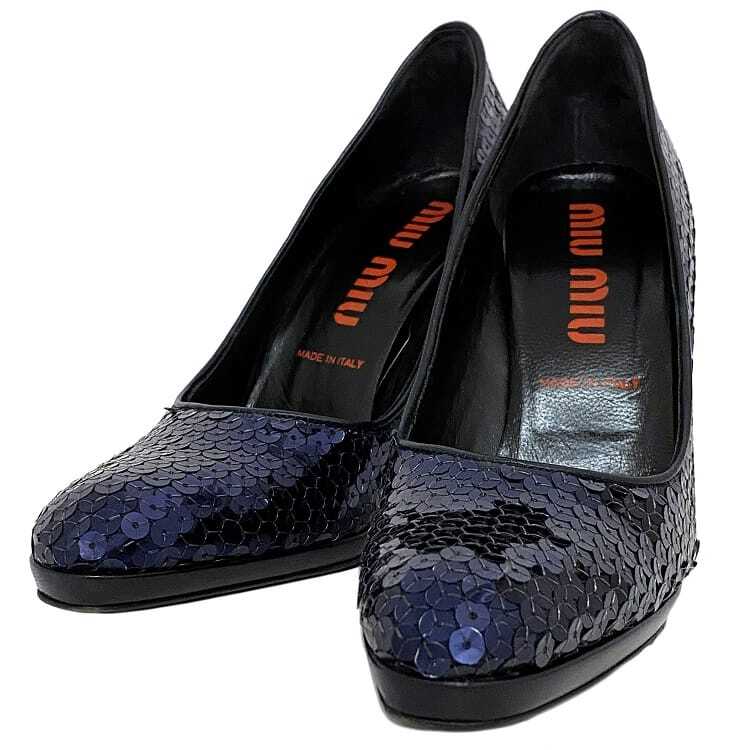 ミュウミュウ パンプス ネイビー ブルー ブラック 美品 23.0cm 36 スパンコール レザー 中古 miu miu拍卖