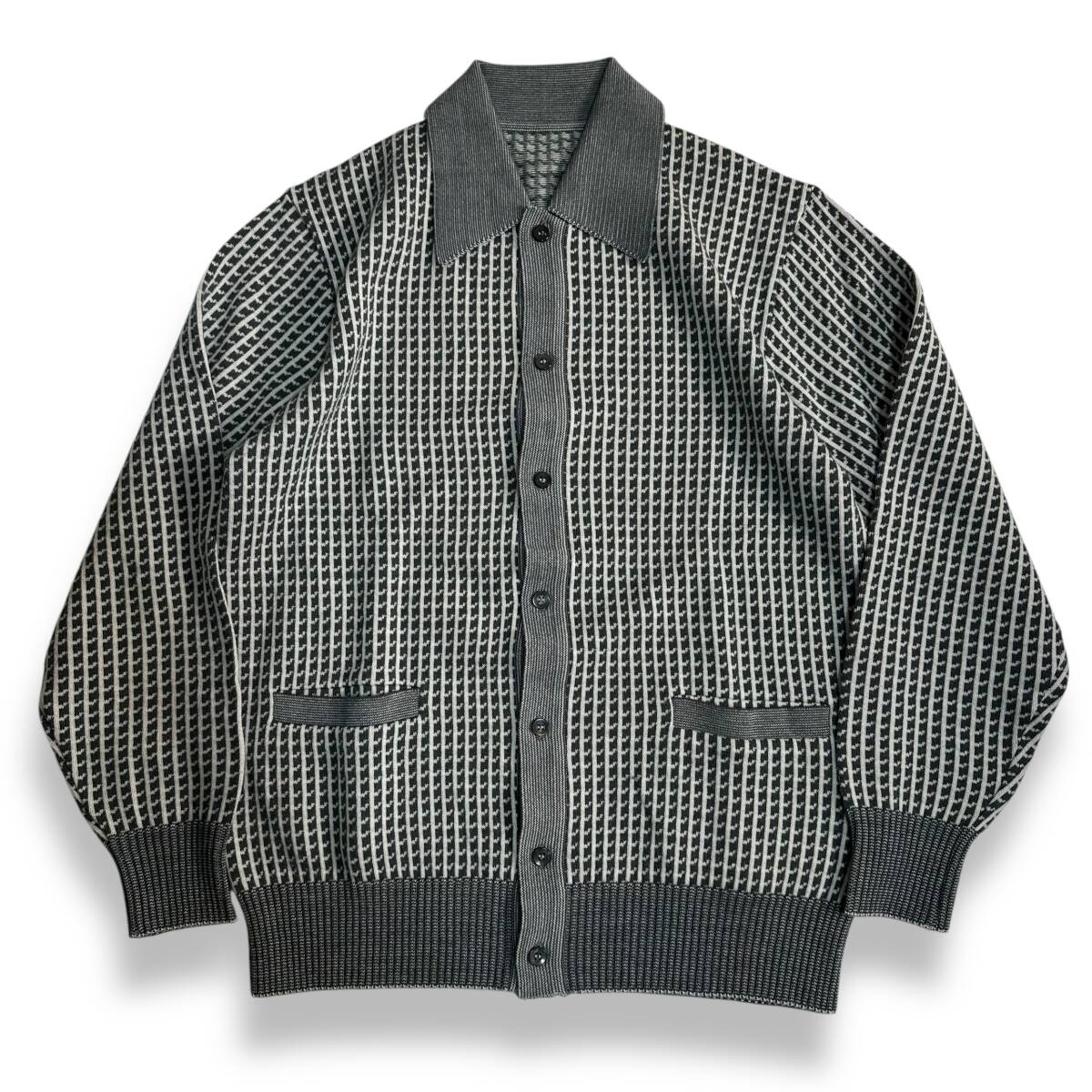 レア【VINTAGE】レトロビンテージ 襟付きカーディガン ニットシャツ 古着 90s 80s 昭和レトロ グレー オールド拍卖