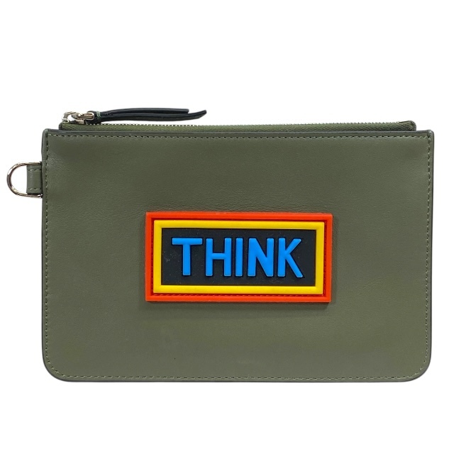 FENDI フェンディ THINK 小物入れ マルチポーチ ミニポーチ ロゴ レザー カーキ マルチカラー拍卖