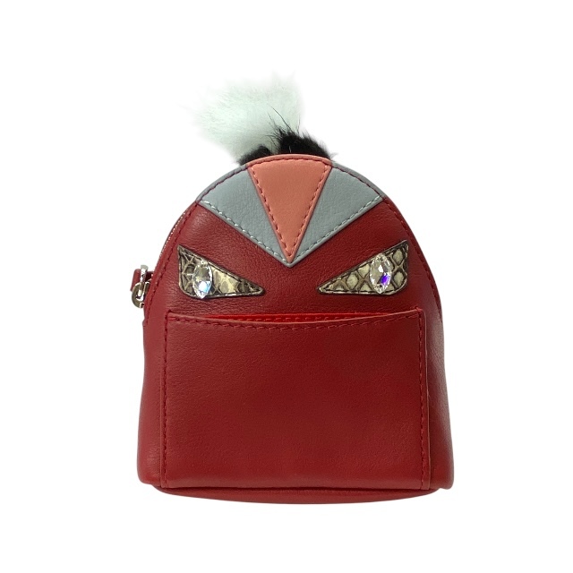 FENDI フェンディ 7AR457 モンスター バグズ チャーム キーホルダー バッグチャーム 小物入れ ストーン レザー レッド マルチカラー拍卖