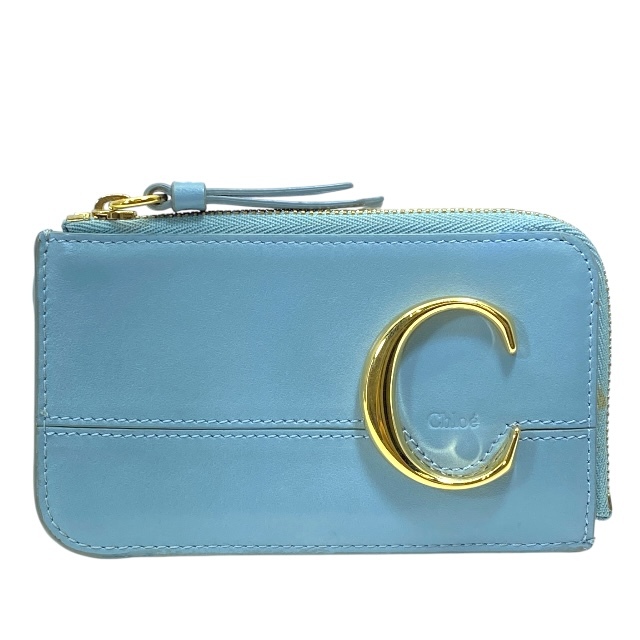 Chloe クロエ フラグメントケース コインケース 小銭入れ カードケース パスケース コンパクト L字ファスナー ロゴ レザー ライトブルー拍卖
