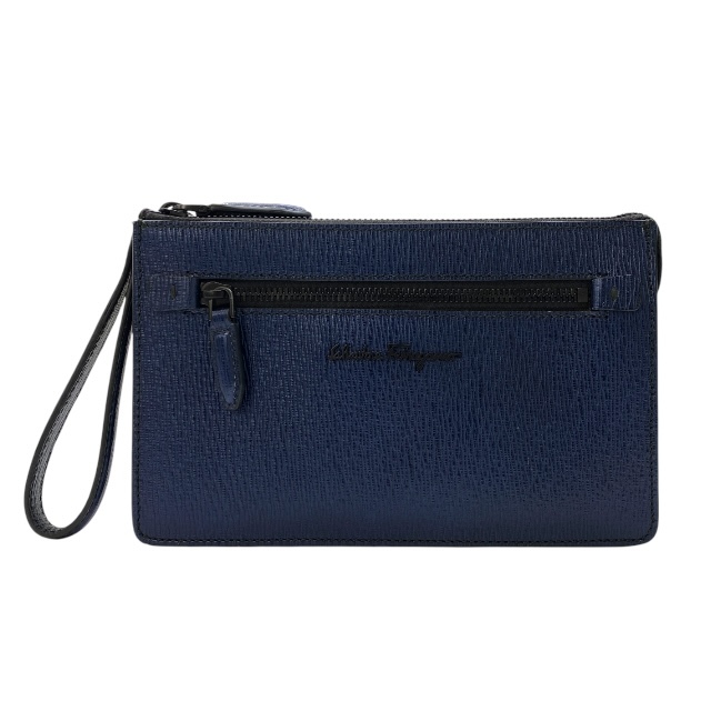 Salvatore Ferragamo フェラガモ クラッチバッグ クラッチポシェット セカンドバッグ ダブルジップ ロゴ レザー ネイビー拍卖