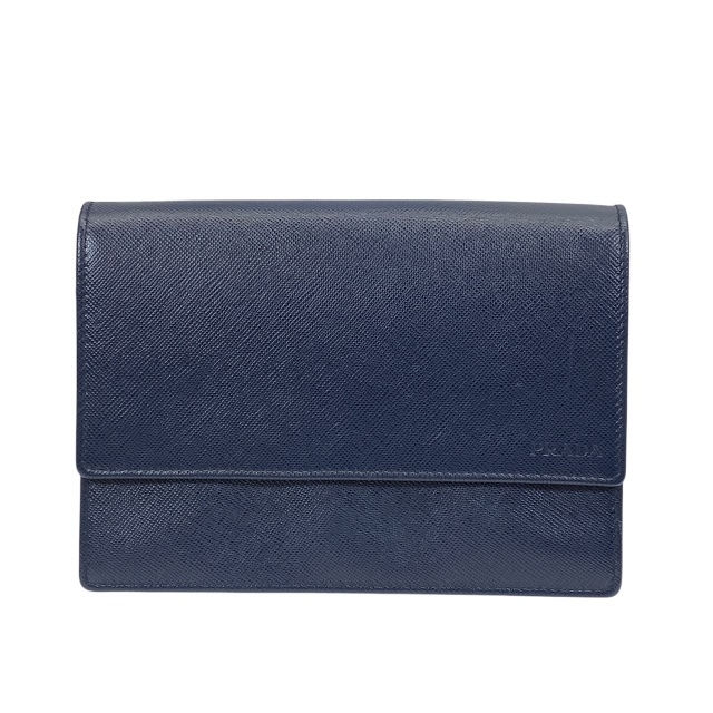 PRADA プラダ 財布 ポーチ トラベルウォレット マルチケース 二つ折り ロゴ レザー ネイビー拍卖