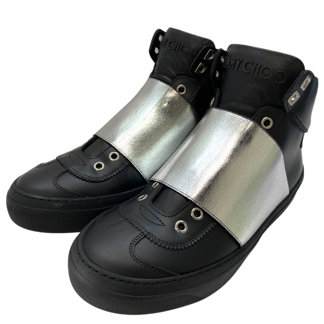 【美品】ジミーチュウ ハイカットスニーカー シューズ 靴 レザー ブラック シルバー【サイズ 39 1/2 (24.5cm)】拍卖
