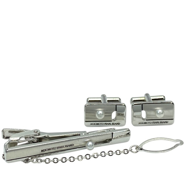 MIKIMOTO ミキモト 3点セット ネクタイピン タイピン カフス カフスボタン アクセサリー 小物 ロゴ メタル パール シルバー拍卖
