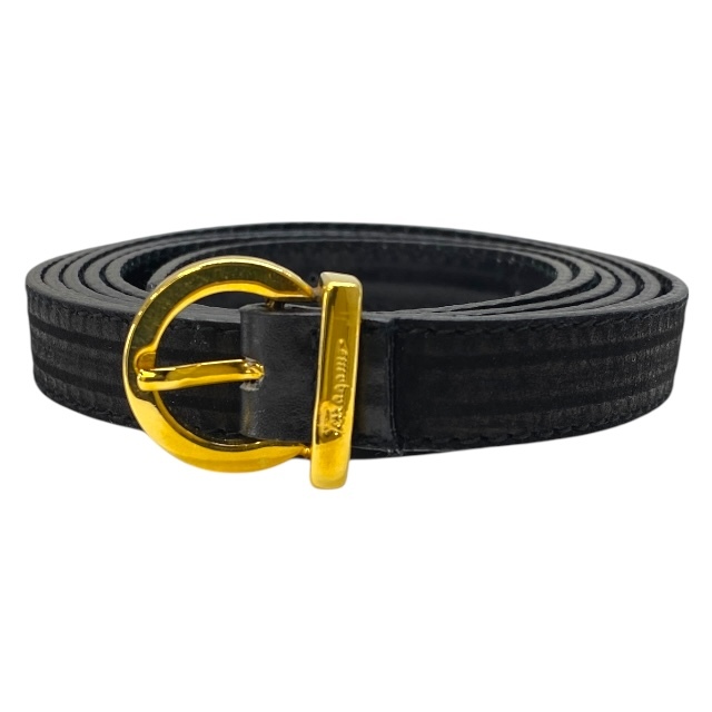 Salvatore Ferragamo フェラガモ ガンチーニ 2連 ベルト アクセサリー 小物 ロゴ レザー ブラック ゴールド金具拍卖