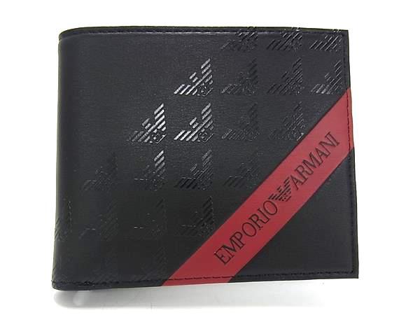 ■新品■未使用■ EMPORIO ARMANI エンポリオアルマーニ レザー 二つ折り 財布 ウォレット 札入れ メンズ ブラック系 FG5817拍卖